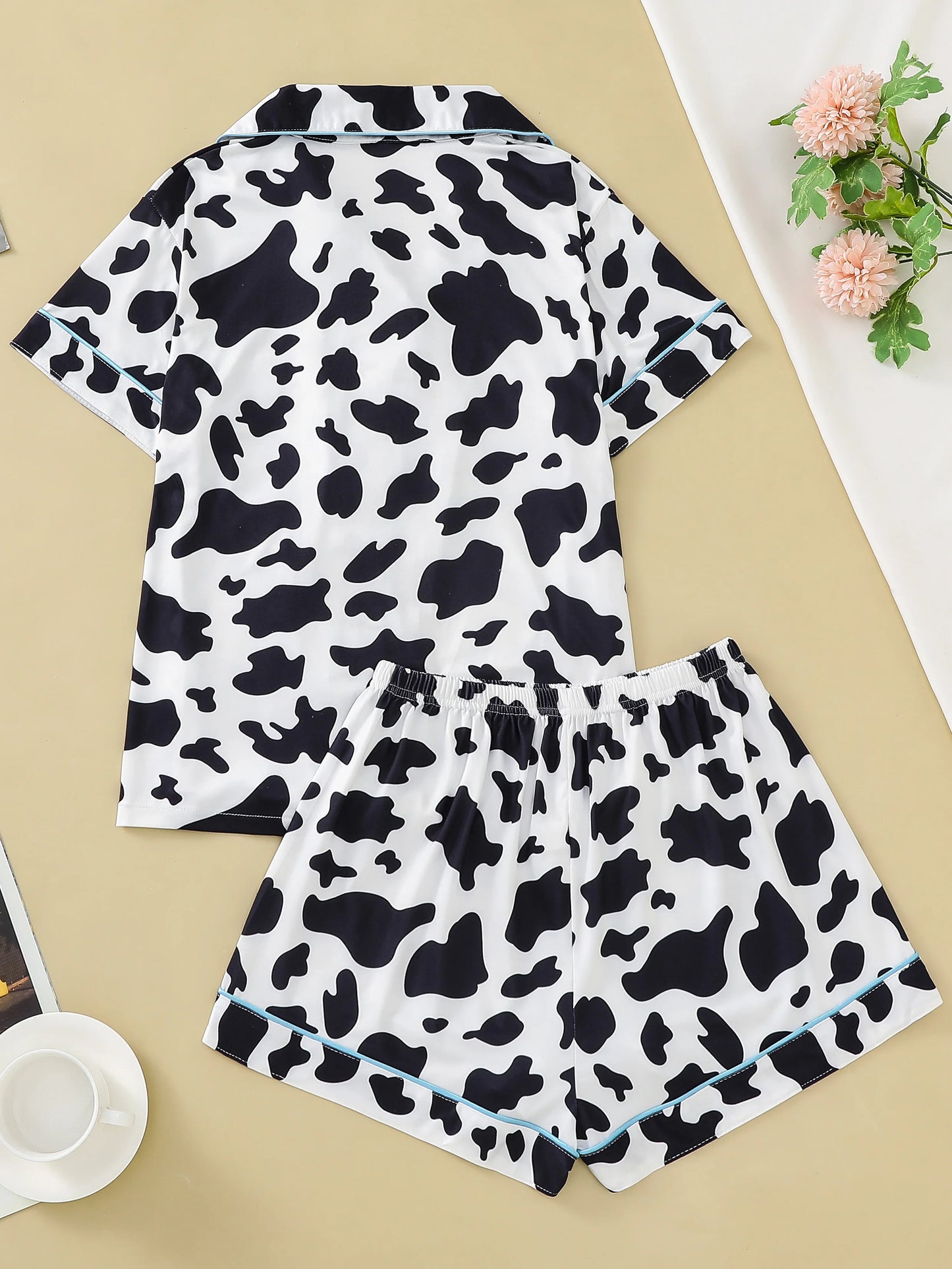 Two-piece set of women's pajamas lapel top and trousers cow pattern summer casual women's pajamas home wear
