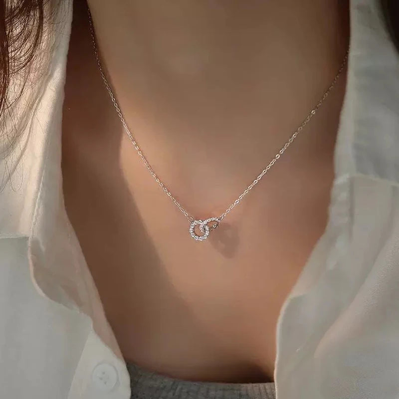 S925 Silver Round Choker Zircon For Women Fashion Chain Minimalist Dainty Double Circle Pendant Necklace Neck Fine Jewelry