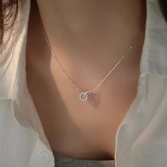 S925 Silver Round Choker Zircon For Women Fashion Chain Minimalist Dainty Double Circle Pendant Necklace Neck Fine Jewelry