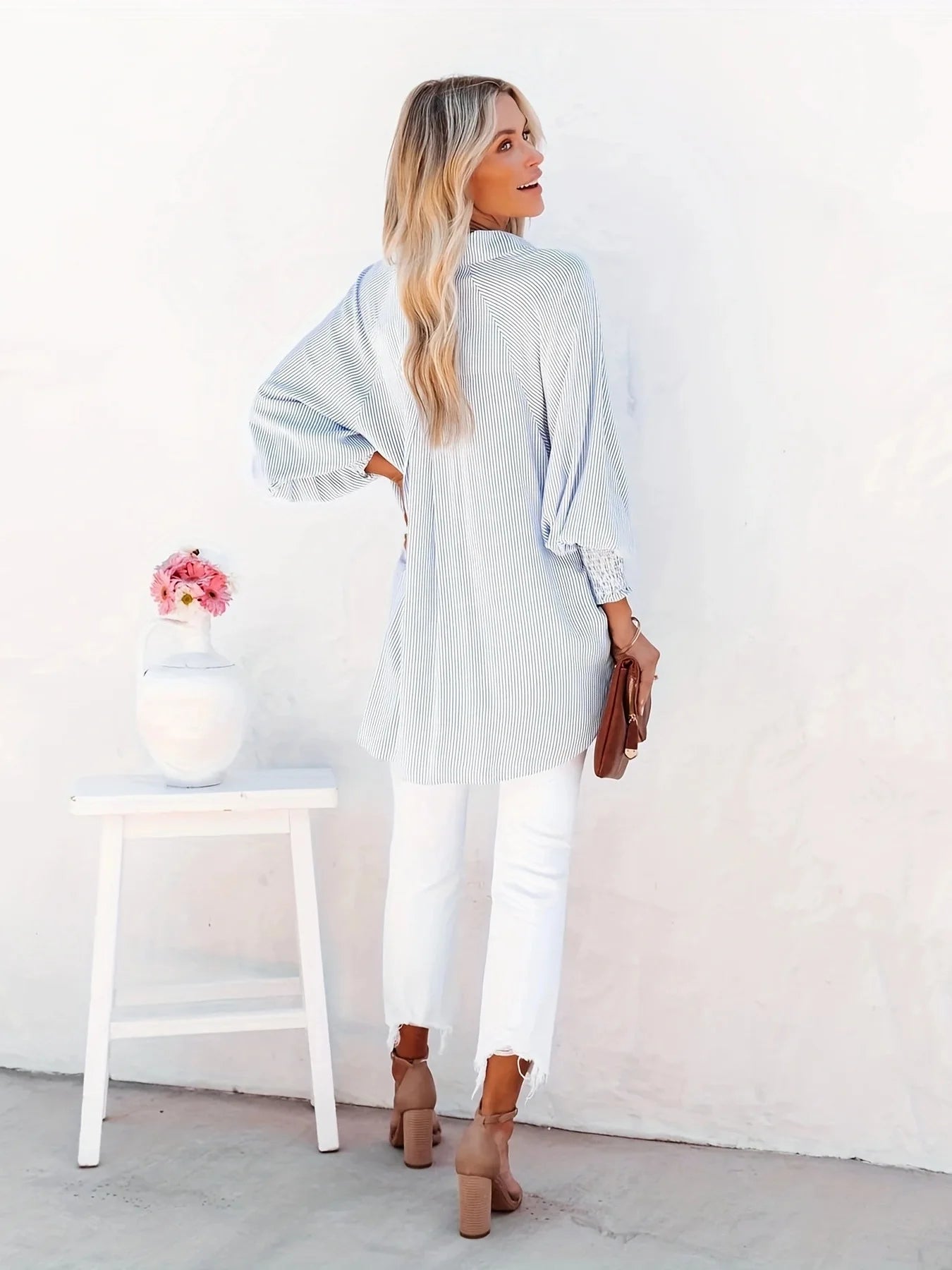 Women's Striped Print Button Front Frill Trim Raglan Sleeve Pocket Shirt, Clothes for Women, Going Out Tops, Shirts for Women, Casual Long Sleeve Shirred High Low Top for Daily Wear, Fall Tops Preppy 80s Clothes, Women's Clot