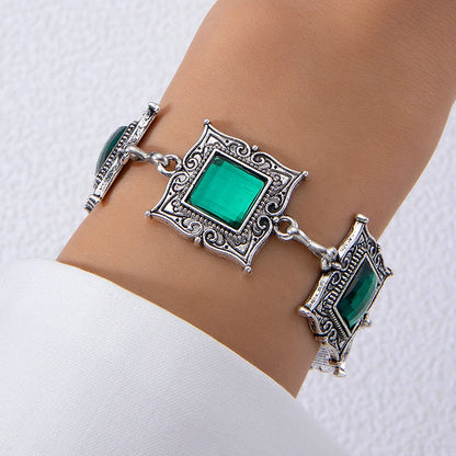 Vintage Green Stone Bracelets for Women Luxury Crystal Stone Flowers Opening Bangle Adjustable Jewelry Accessories