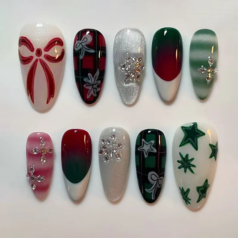 24PCS Christmas Green Monster Press-On Nails – Snowflake & Rhinestone Holiday Nail Art 💅🎄