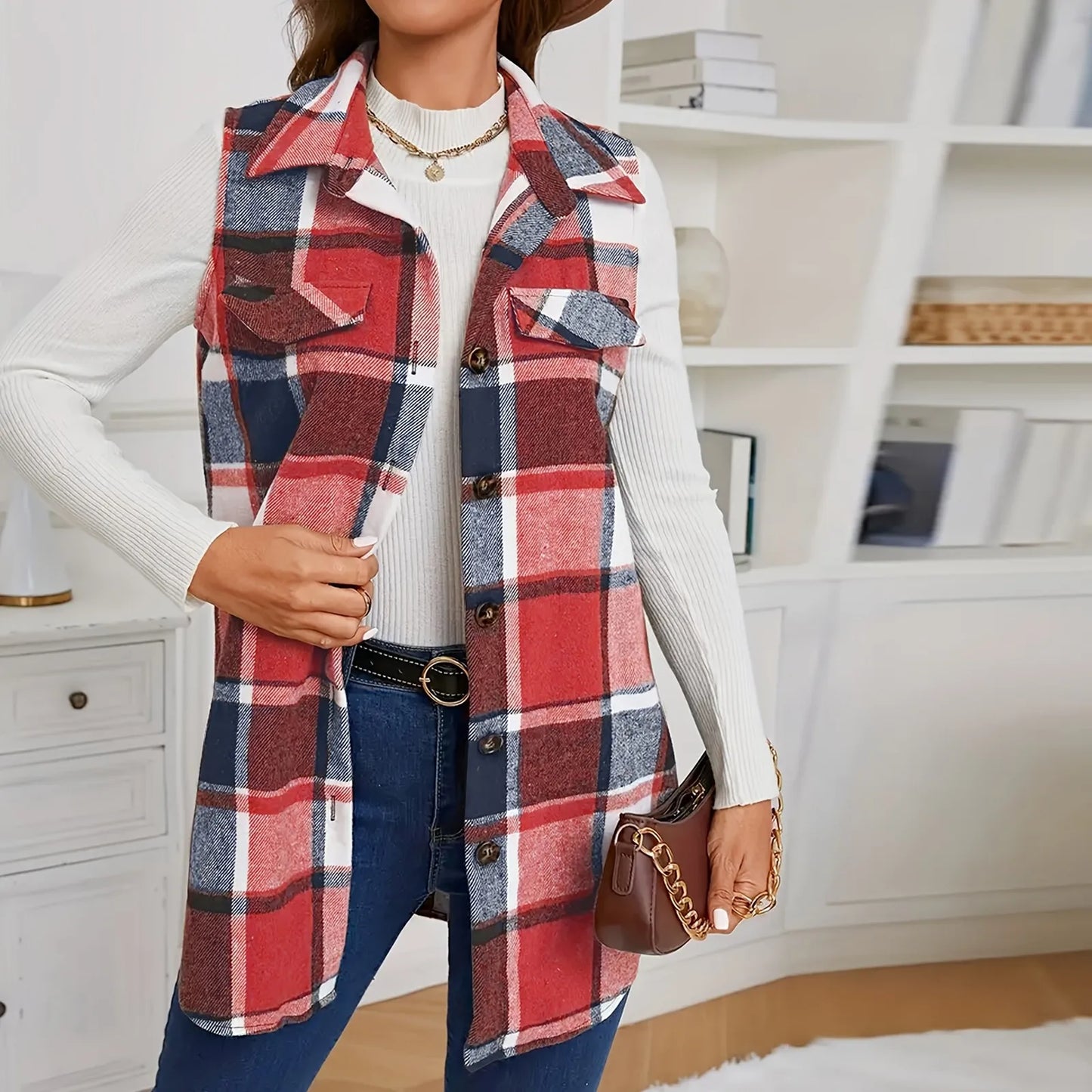 Check Print Sleeveless Jacket with Flap Details – Stylish Plaid Sleeveless Coat for Women