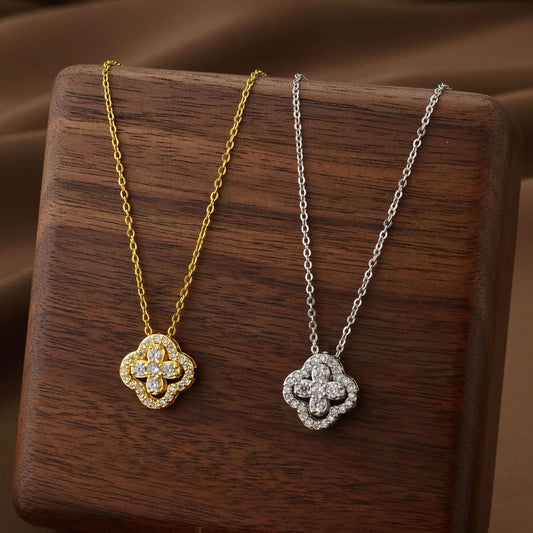 Lucky Four-leaf Clover CZ Necklace For Women's Dynamic Fashion Clavicle Chain Versatile Fashion Accessories