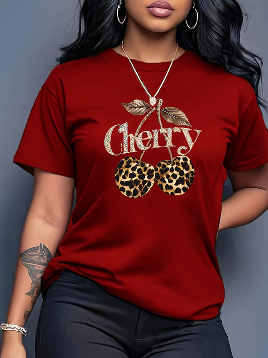Women's Casual Cherry Print T-Shirt with Leopard Print Cherries & Letter Design - Short Sleeve, Crew Neck  Ladies T Shirts