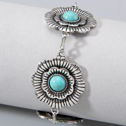 Vintage Green Stone Bracelets for Women Luxury Crystal Stone Flowers Opening Bangle Adjustable Jewelry Accessories