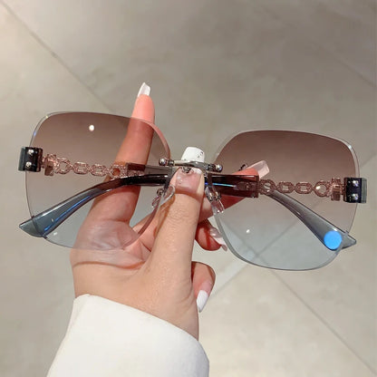 Gradient Tea Women Sunglasses Oversize Rimless Retro Shades for Decoration Driving UV Protection Sun Glasses