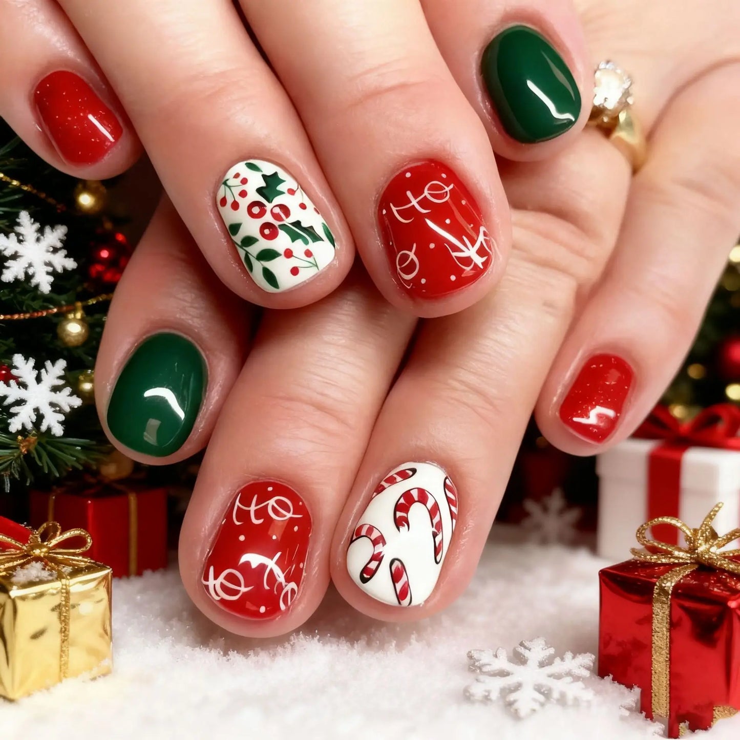 24PCS Christmas Green Monster Press-On Nails – Snowflake & Rhinestone Holiday Nail Art 💅🎄
