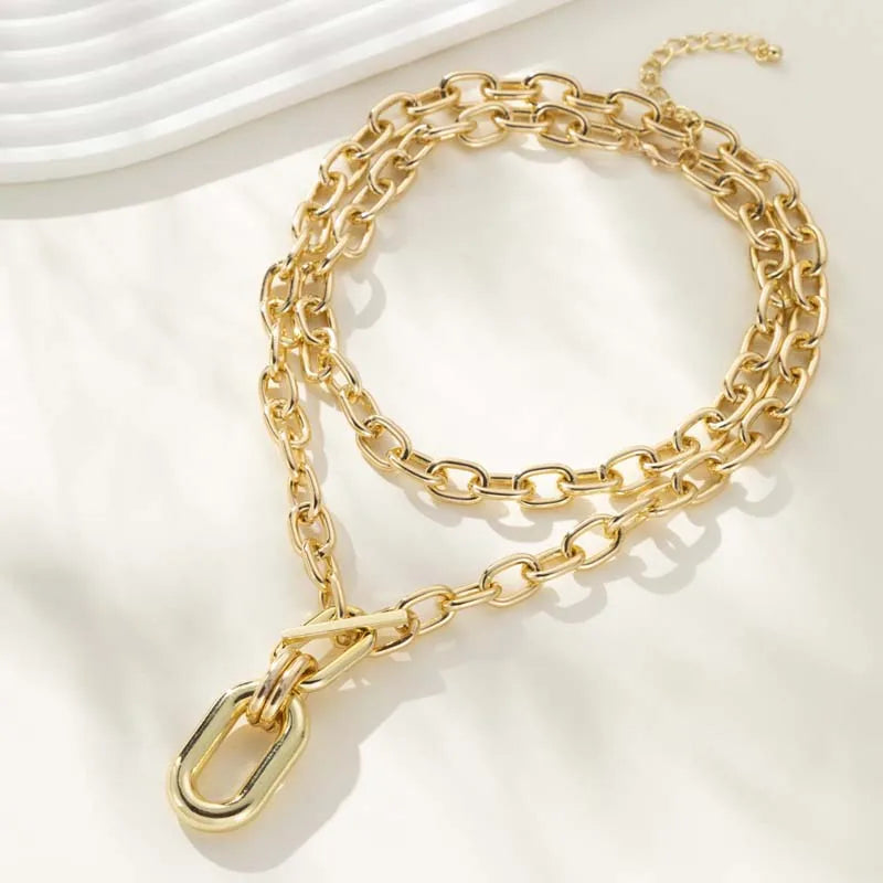 Exaggerated Gold Color Big Elliptical Pendant Necklace for Women Metal Chunky Chain OT Buckle Necklace