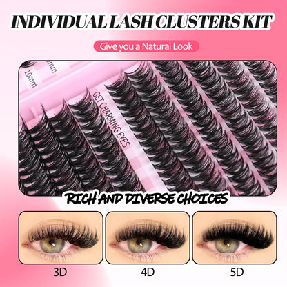 DIY Lash Clusters Set Mixed Tray Lashes Kit Fluffy Individual Lashes Extension with Lash Bond and Seal At Home Makeup