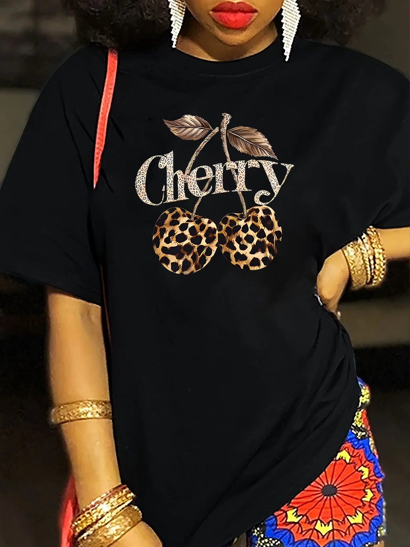 Women's Casual Cherry Print T-Shirt with Leopard Print Cherries & Letter Design - Short Sleeve, Crew Neck  Ladies T Shirts