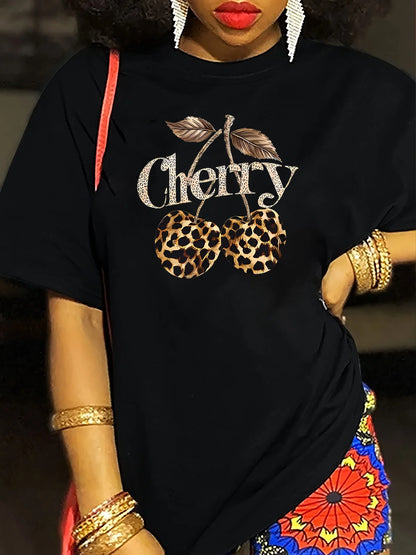 Women's Casual Cherry Print T-Shirt with Leopard Print Cherries & Letter Design - Short Sleeve, Crew Neck  Ladies T Shirts