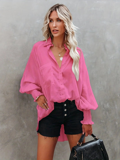 Women's Striped Print Button Front Frill Trim Raglan Sleeve Pocket Shirt, Clothes for Women, Going Out Tops, Shirts for Women, Casual Long Sleeve Shirred High Low Top for Daily Wear, Fall Tops Preppy 80s Clothes, Women's Clot