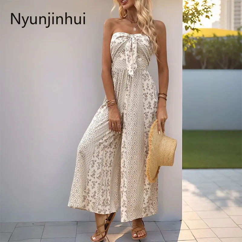 European and American Jumpsuits for Women Clothing Vacation Style Sleeveless Tube Top Geometric Printing Jumpsuit