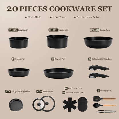 20 Pcs Pots and Pans Set Non Stick Detachable Cookware Sets Nonstick Non Toxic Induction RV Kitchen Cooking Set Dishwasher/Oven