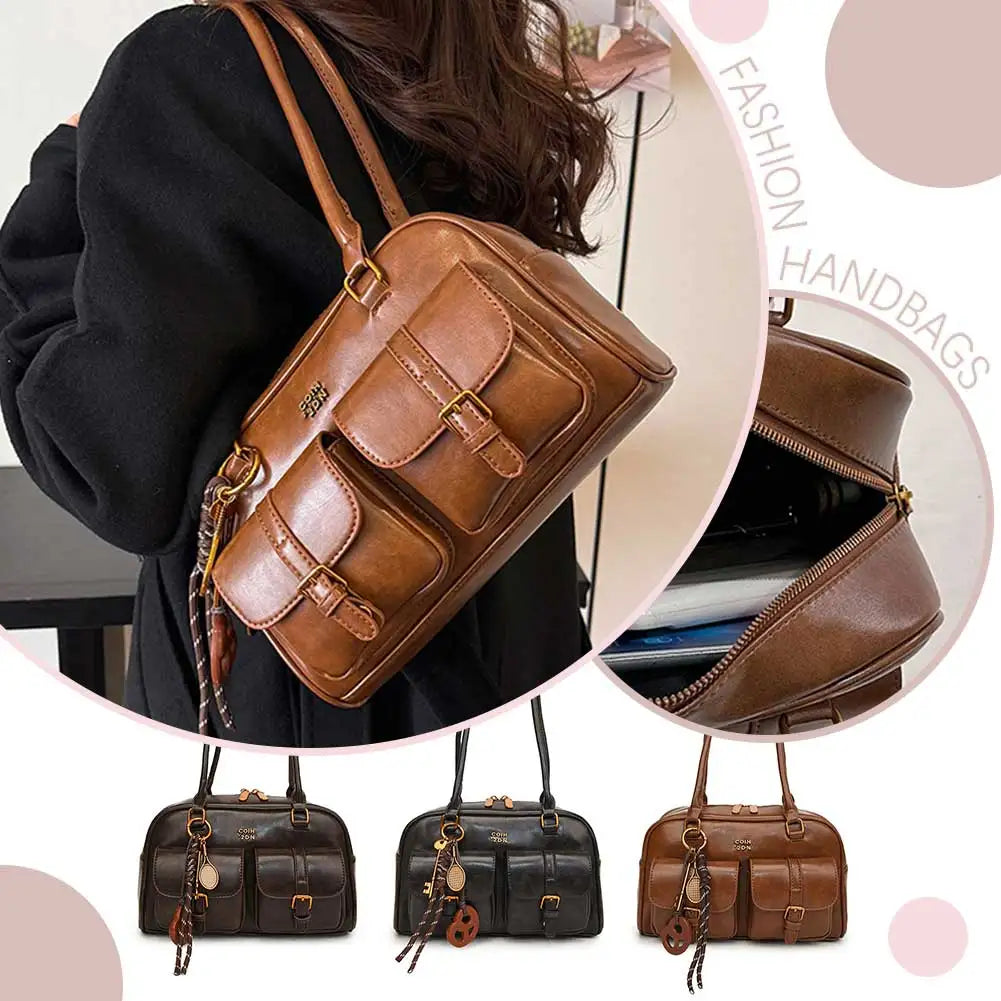 Women Multi Pockets Shoulder Bag with Pendant Vintage Armpit Bag Casual Soft Handbag Travel Shopping Date Handbag