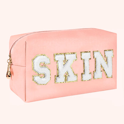 Chenille Letter Cosmetic Bag PU Leather Waterproof Pouch Cute Zipper Organizer, Skin, Hair and Face