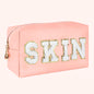 Chenille Letter Cosmetic Bag PU Leather Waterproof Pouch Cute Zipper Organizer, Skin, Hair and Face