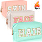 Chenille Letter Cosmetic Bag PU Leather Waterproof Pouch Cute Zipper Organizer, Skin, Hair and Face