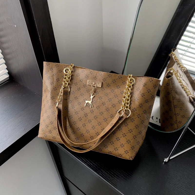 Texture Soft Leather Large Capacity Tote Women Bag With Hanging Accessories Shoulder Bag