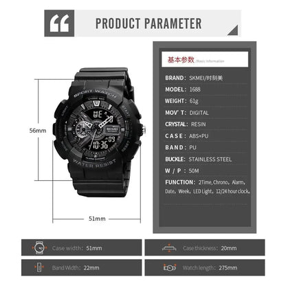 Dual Display  Sports Digital Watch – LED Chrono Alarm Waterproof