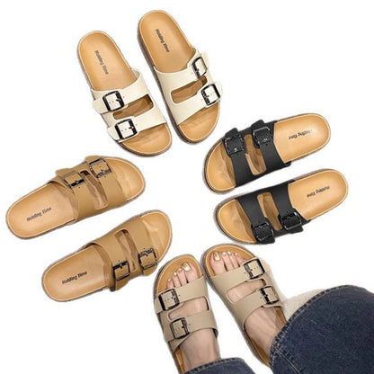 Double Strap Women's Slippers Summer Adjustable Soft Sole Shoes Outdoor Fashion Flat Bottom Sandals Women