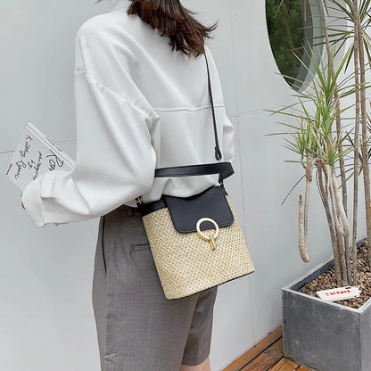 Women Straw Woven Shoulder Bag Crossbody Rattan Tote Casual Bucket Bag Beach Versatile Handbag
