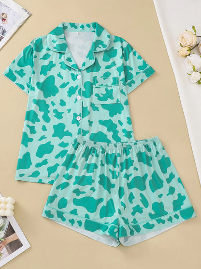 Two-piece set of women's pajamas lapel top and trousers cow pattern summer casual women's pajamas home wear