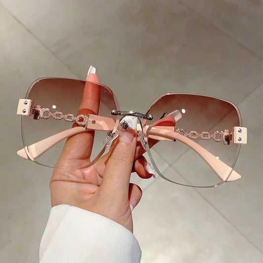 Gradient Tea Women Sunglasses Oversize Rimless Retro Shades for Decoration Driving UV Protection Sun Glasses