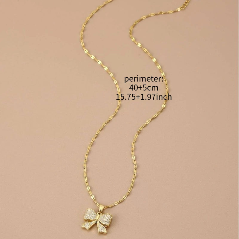 Romantic Baby’s Breath Bow Pendant Necklace – Titanium Steel Chain, Cute & Simple Jewelry