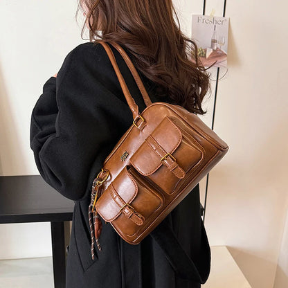 Women Multi Pockets Shoulder Bag with Pendant Vintage Armpit Bag Casual Soft Handbag Travel Shopping Date Handbag