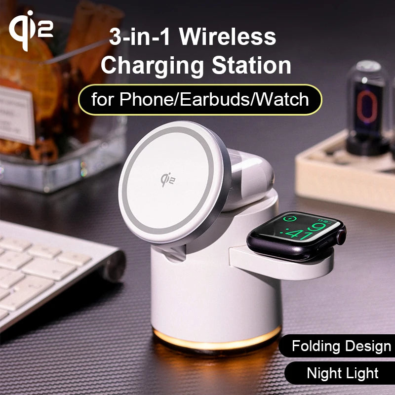 Qi2 Wireless Charger 3-in-1 Fast Charging Station Stand Folding Holder for iPhone16 15 14 ProMax Airpods Apple Watch