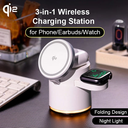 Qi2 Wireless Charger 3-in-1 Fast Charging Station Stand Folding Holder for iPhone16 15 14 ProMax Airpods Apple Watch