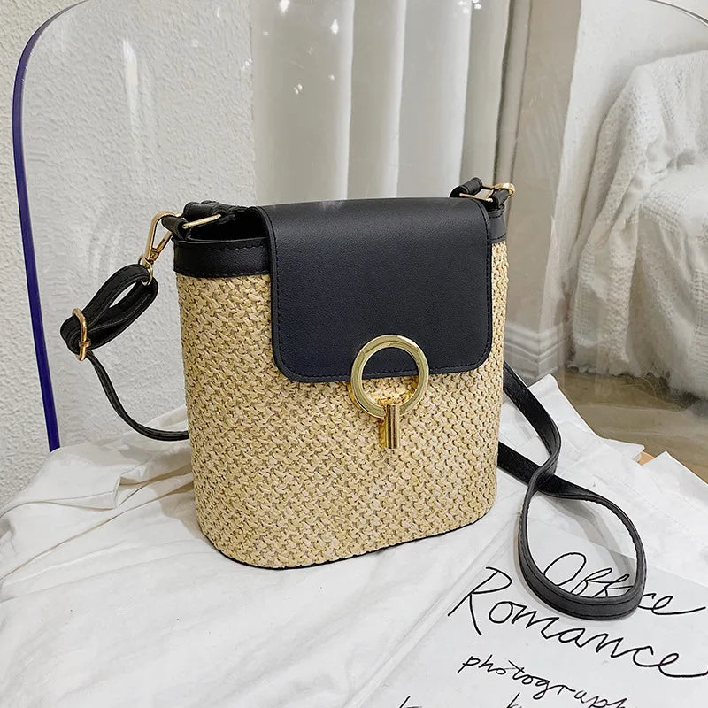 Women Straw Woven Shoulder Bag Crossbody Rattan Tote Casual Bucket Bag Beach Versatile Handbag