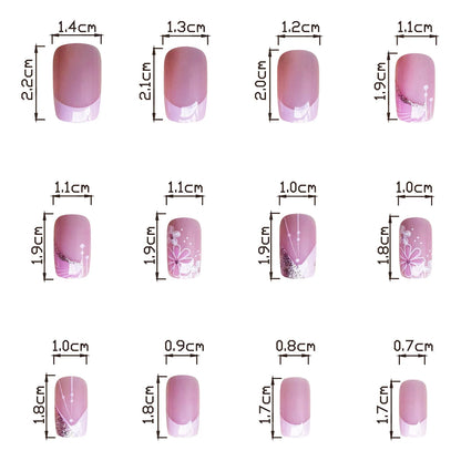 24pcs French False Nails Pink Flowers Short Coffin Fake Nail Tips for Girl Wearable Sweet Korean Simple Nude Pink Press on Nails