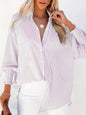 Women's Striped Print Button Front Frill Trim Raglan Sleeve Pocket Shirt, Clothes for Women, Going Out Tops, Shirts for Women, Casual Long Sleeve Shirred High Low Top for Daily Wear, Fall Tops Preppy 80s Clothes, Women's Clot