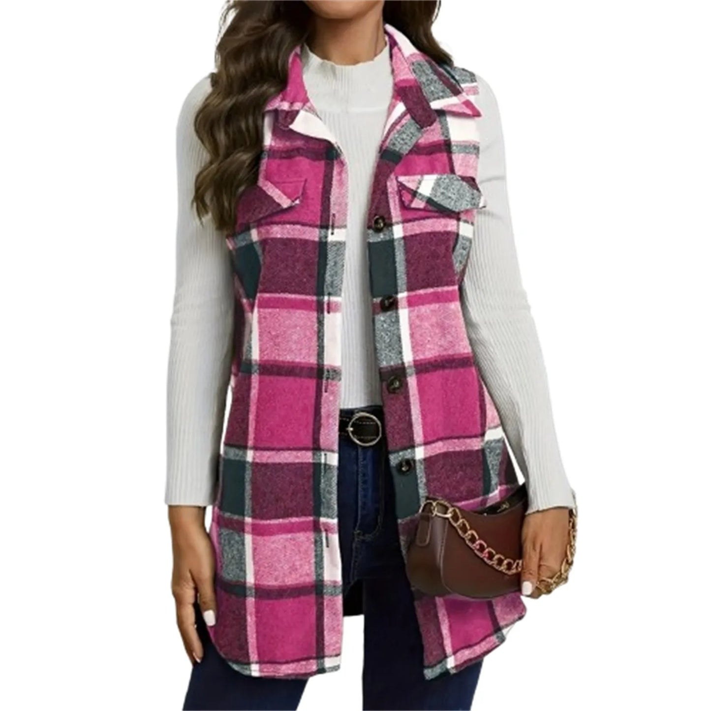 Check Print Sleeveless Jacket with Flap Details – Stylish Plaid Sleeveless Coat for Women