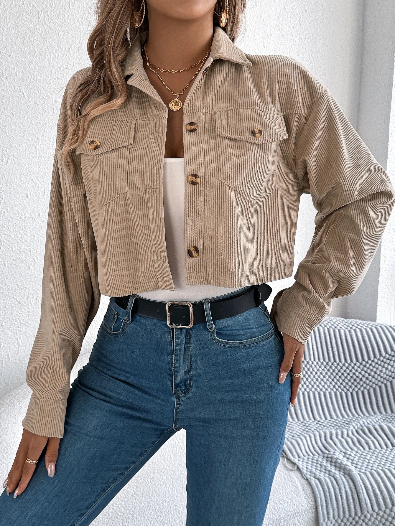 Crop Jacket Woman Casual Pocket Single Breasted Long Sleeve Lapel Black Pink Khaki Short Corduroy Coats