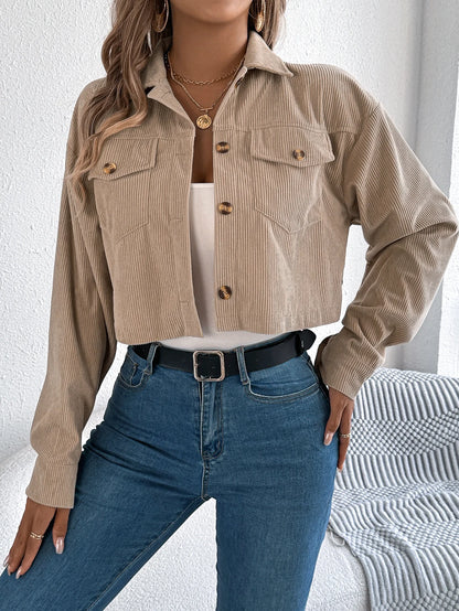 Crop Jacket Woman Casual Pocket Single Breasted Long Sleeve Lapel Black Pink Khaki Short Corduroy Coats