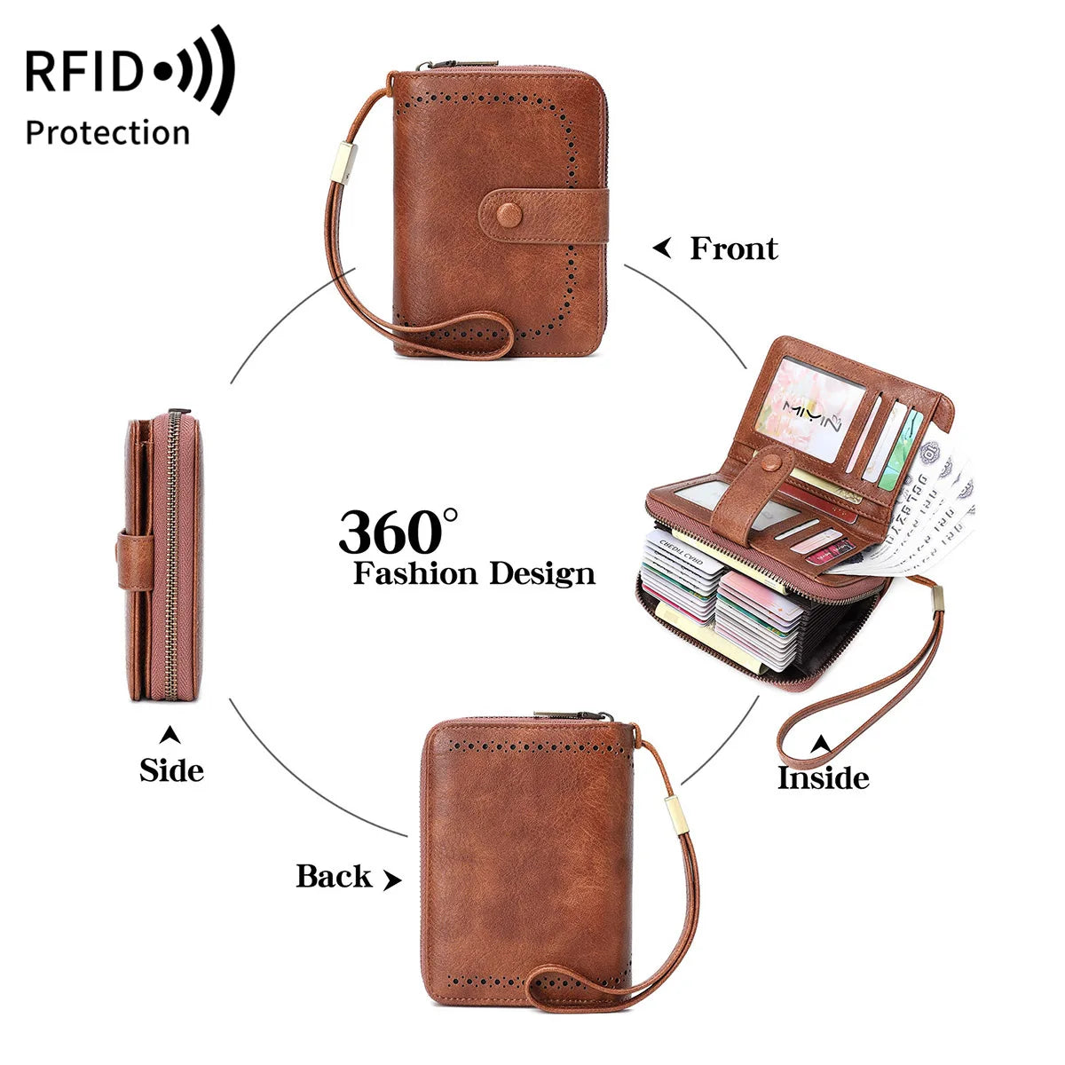 Anti-Theft Brush Bag for Ladies, Oil Wax Leather, Short Purse, European and American Retro, Multi-Function, organ Card Bag