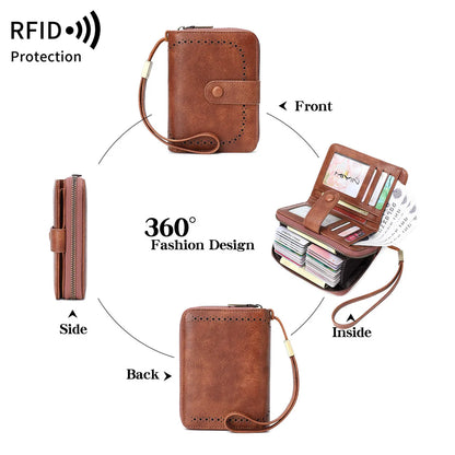 Anti-Theft Brush Bag for Ladies, Oil Wax Leather, Short Purse, European and American Retro, Multi-Function, organ Card Bag