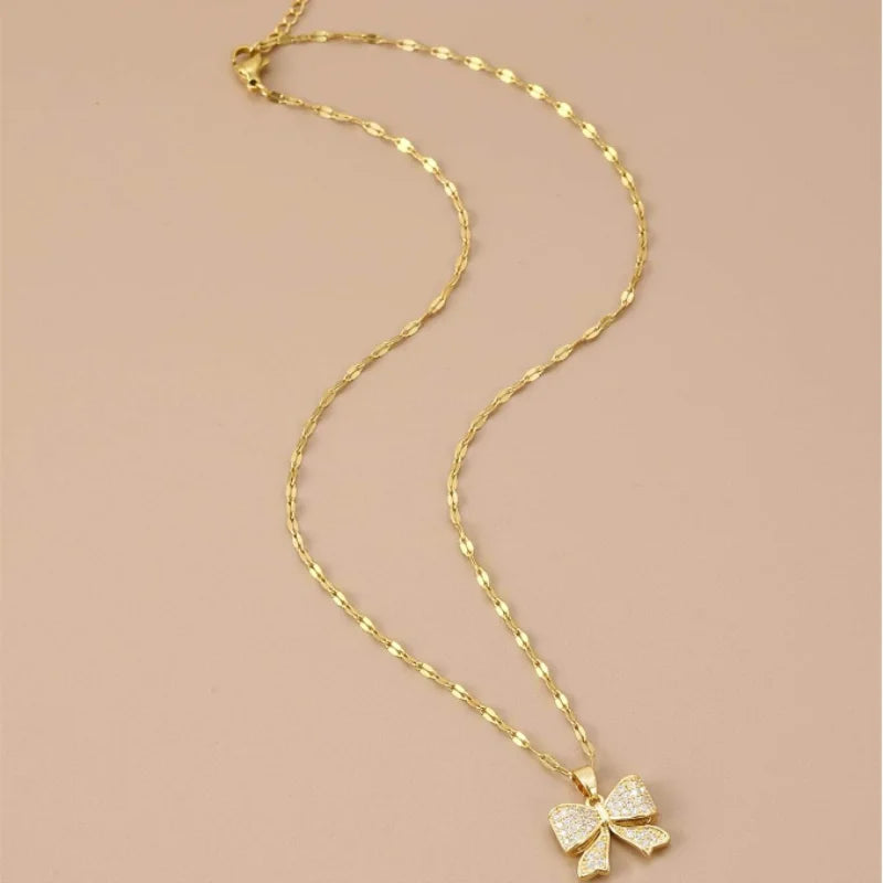 Romantic Baby’s Breath Bow Pendant Necklace – Titanium Steel Chain, Cute & Simple Jewelry