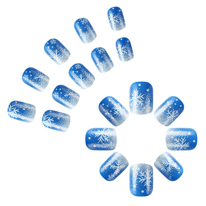 24pcs Merry Christmas Press On Nails Glitter Blue Short Square False Nail With Snowflake Designs French Fake Nail