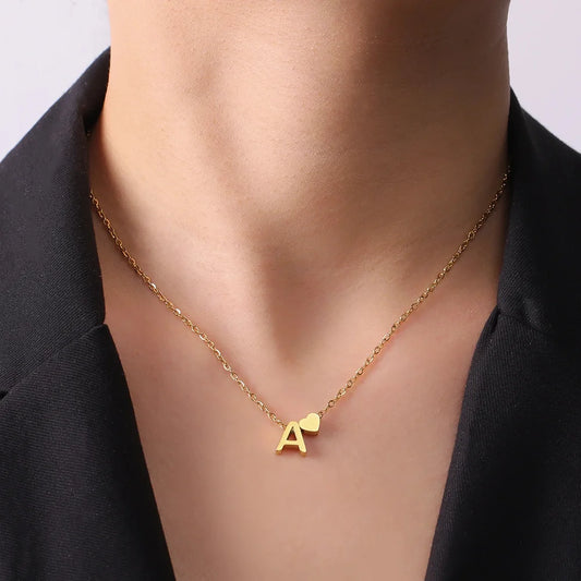 Initial Letter Mini Heart Pendant Necklace for Women Stainless Steel A-Z Alphabet Choker Chain Jewelry