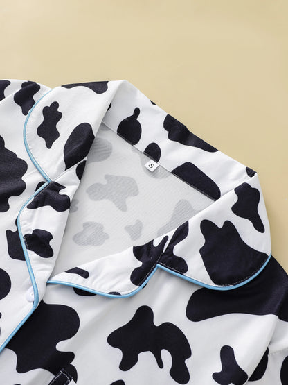 Two-piece set of women's pajamas lapel top and trousers cow pattern summer casual women's pajamas home wear