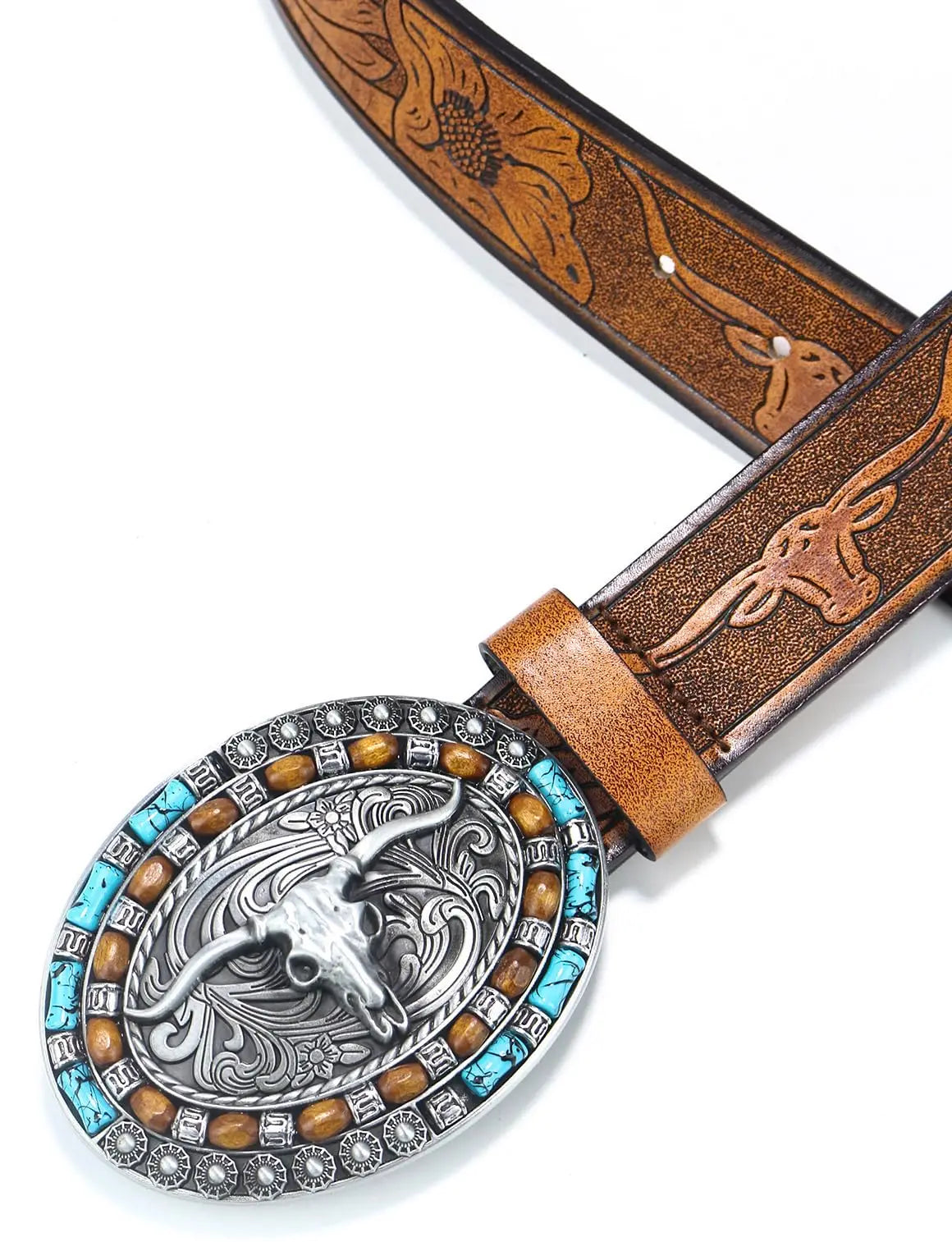 Western Cowboy Cowgirl PU Belts - Women Men Turquoise Embossed Waist Belts With LongHorn Bull Buckles Fit