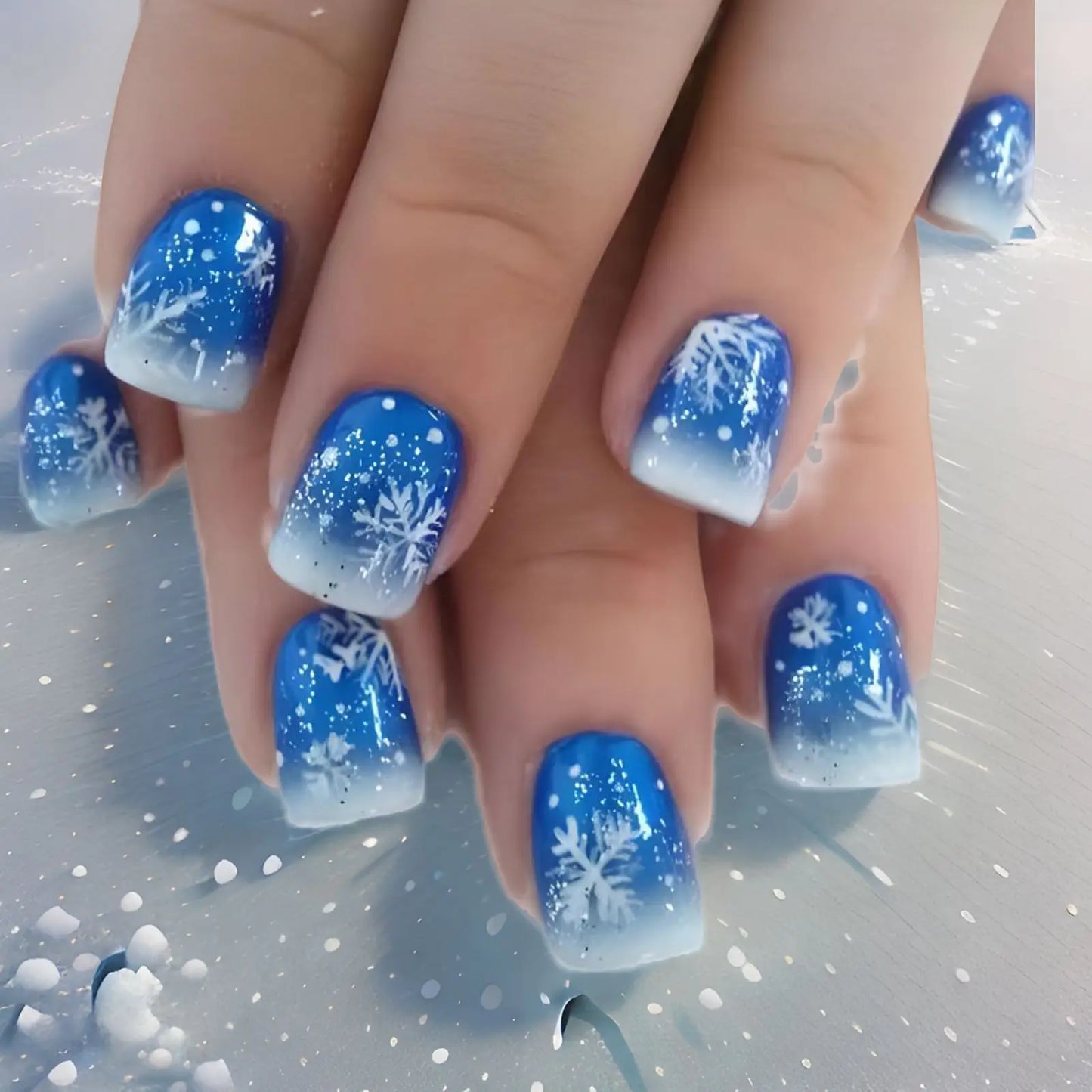 24pcs Merry Christmas Press On Nails Glitter Blue Short Square False Nail With Snowflake Designs French Fake Nail