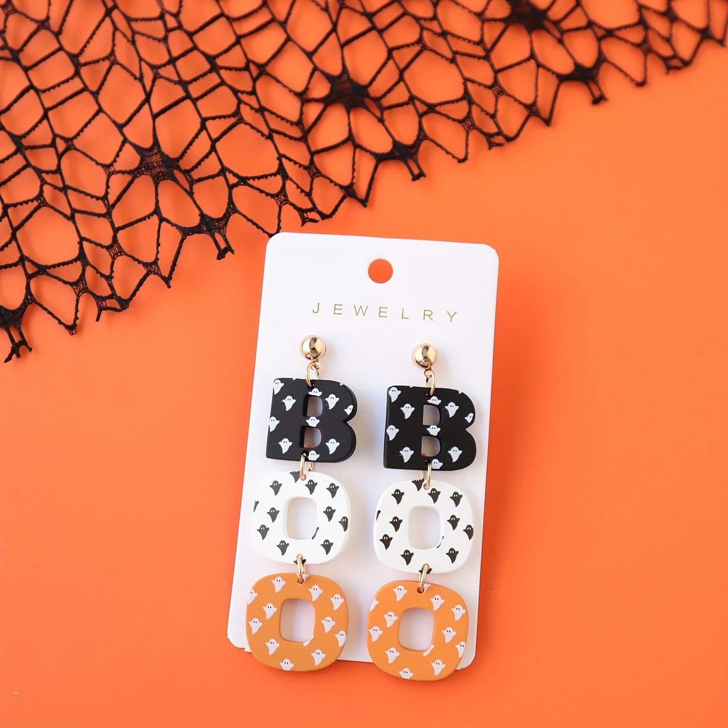 Halloween Acrylic Drop Earrings Cute Ghost Print BOO Dangle Fun & Quirky Party Accessory, Hypoallergenic Stainless Steel Ear