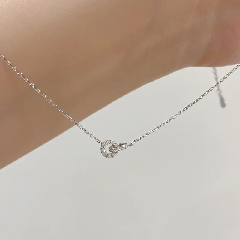 S925 Silver Round Choker Zircon For Women Fashion Chain Minimalist Dainty Double Circle Pendant Necklace Neck Fine Jewelry