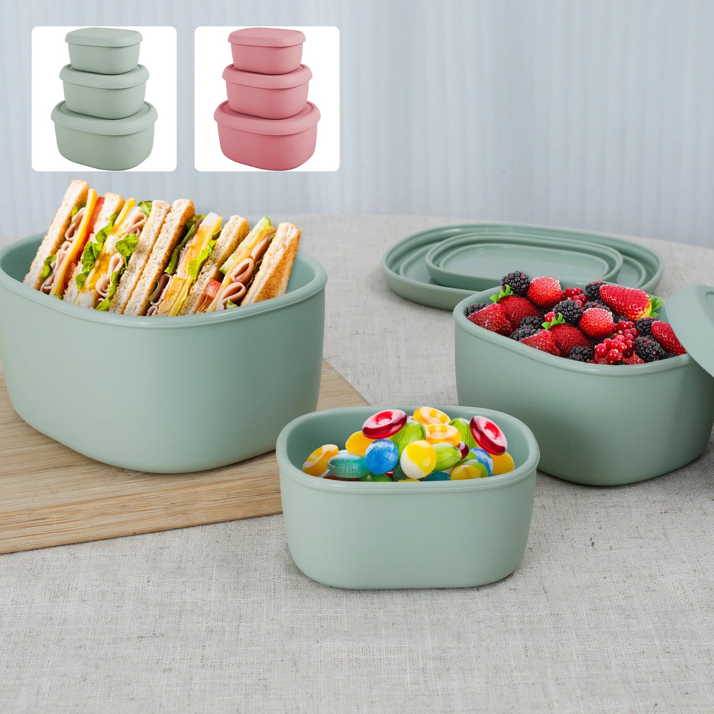 3Pcs Silicone Food Storage Containers 6.7+10+20oz Food Grade Silicone Bento Box Leakproof Silicone Meal Prep outdoor lunch box